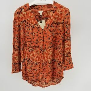 Hinge Orange Floral Lace Trim Shirred Top NWT Smal
